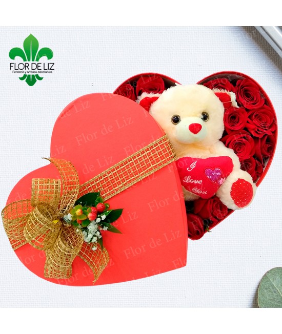 CAJA DECORADA TIEMPO DE AMOR EN ROSAS CON PELUCHE PEQ. CAJA DECORADA TIEMPO DE AMOR EN ROSAS CON PELUCHE PEQ.